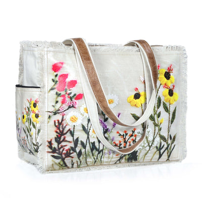 Boho Floral Embroidered Canvas Tote Bag