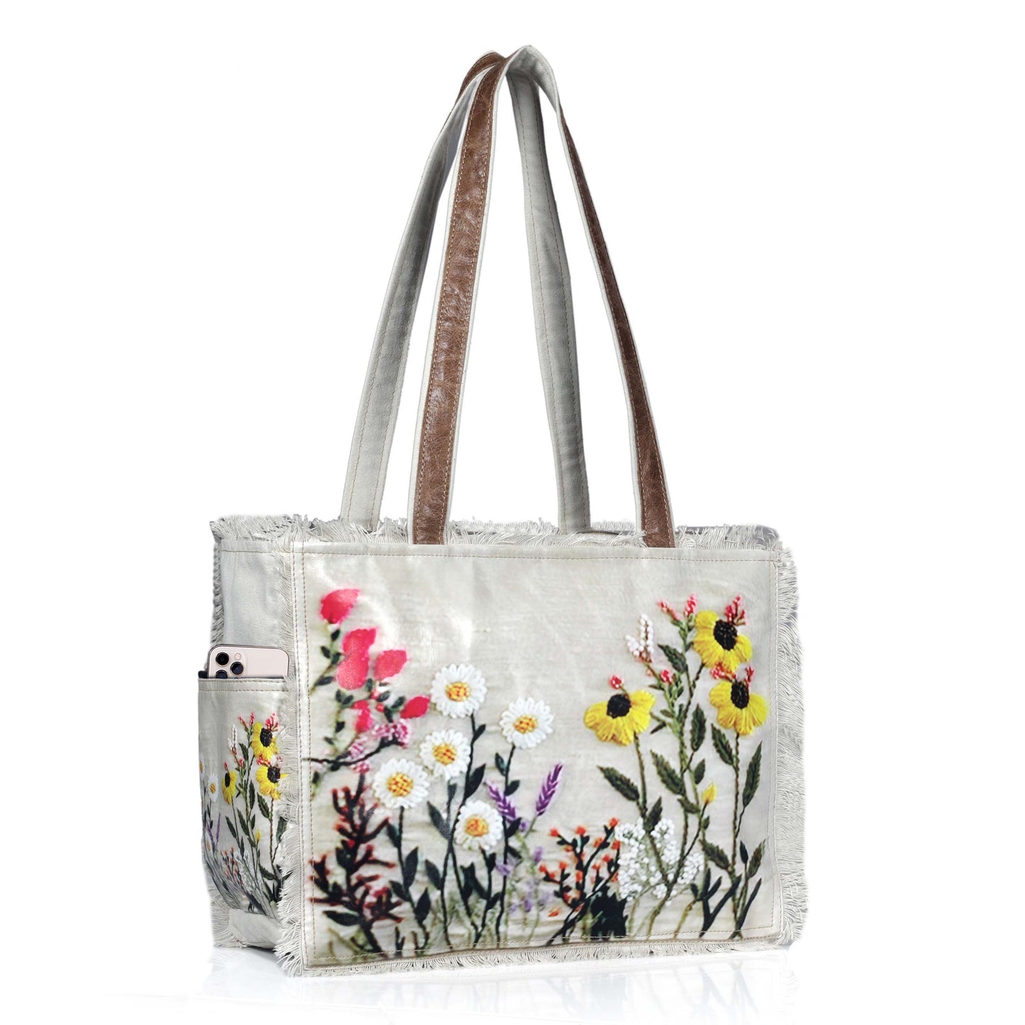 Boho Floral Embroidered Canvas Tote Bag