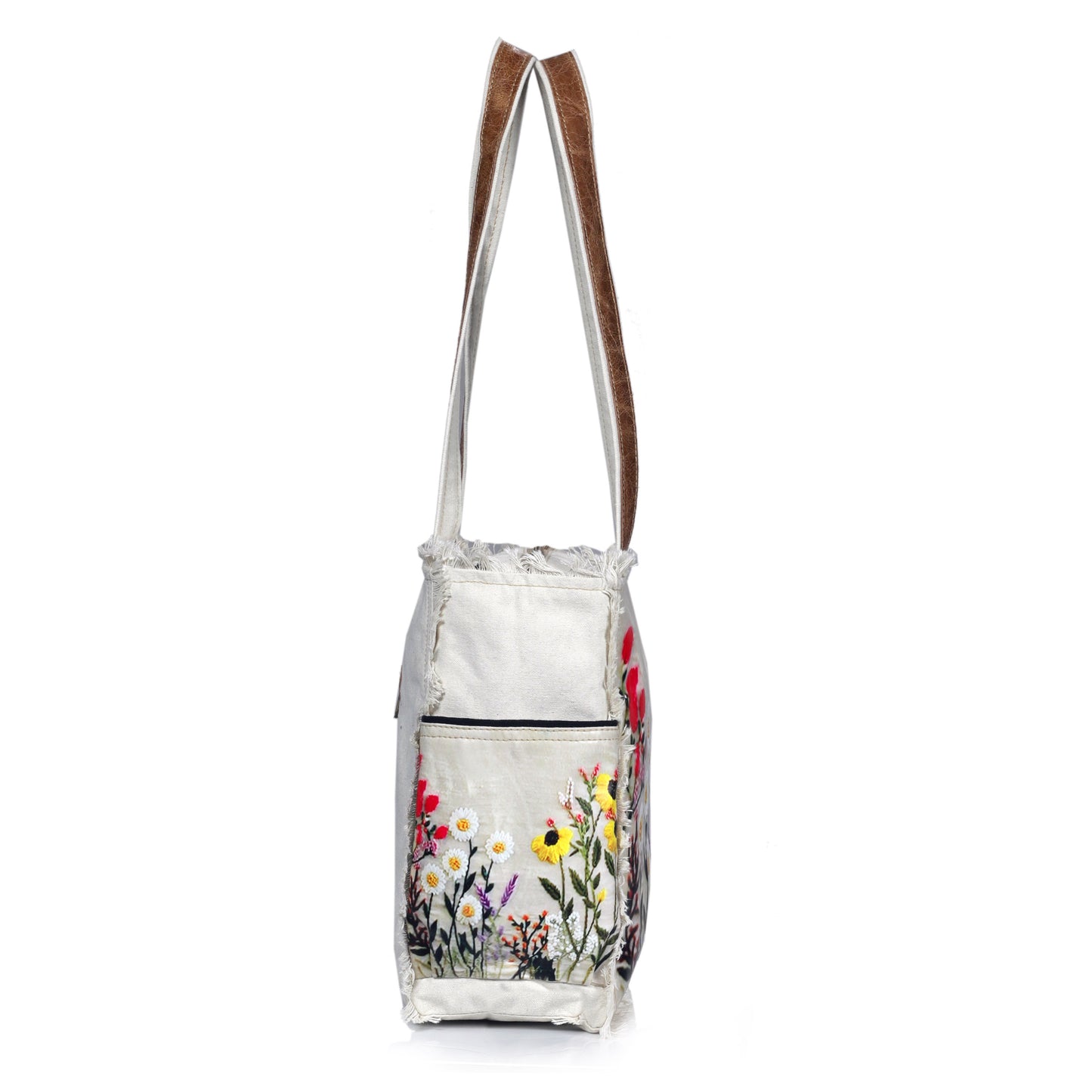 Boho Floral Embroidered Canvas Tote Bag