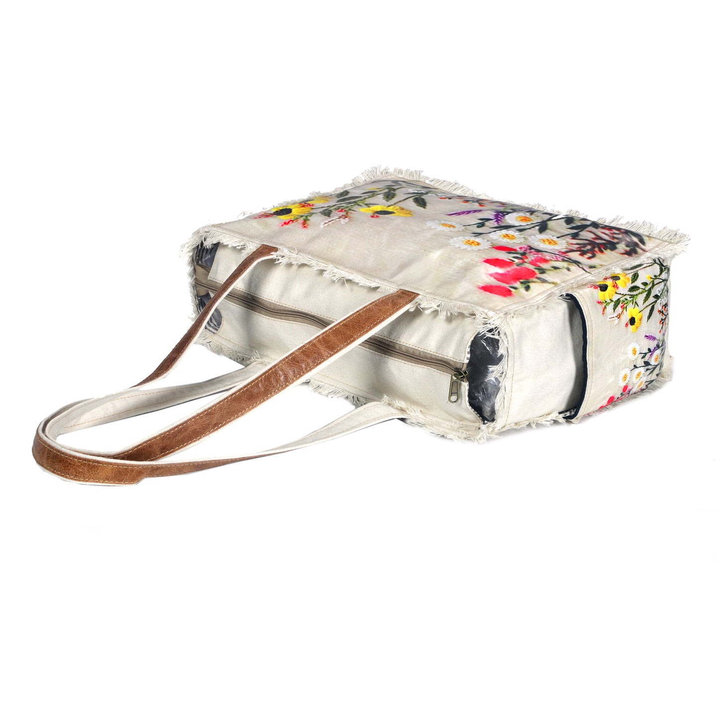 Boho Floral Embroidered Canvas Tote Bag