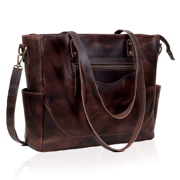 Portland Buffalo Leather Tote Purse Bag with Zipper - Brown