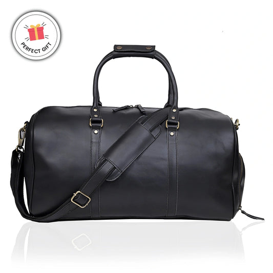 JOHN LEATHER DUFFEL BAG FOR MEN - BLACK