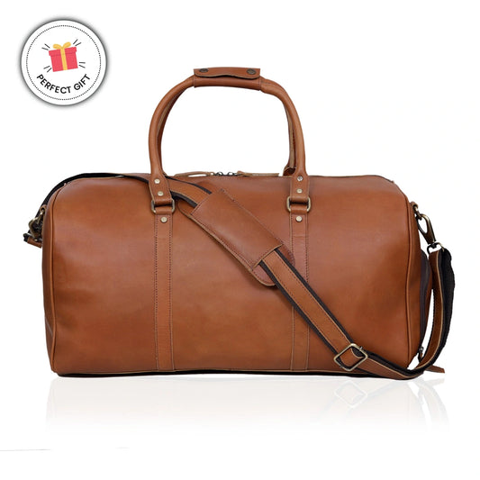JOHN LEATHER DUFFEL BAG FOR MEN - TAN