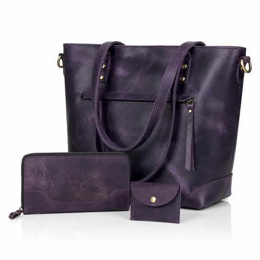 PORTLAND BUFFALO LEATHER TOTE BAG COMBO - PURPLE