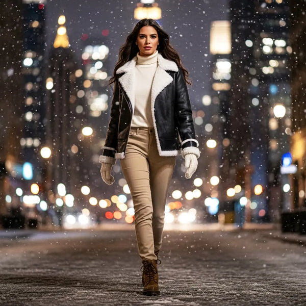 Blouson aviateur en cuir noir doublé en peau de mouton pour femme