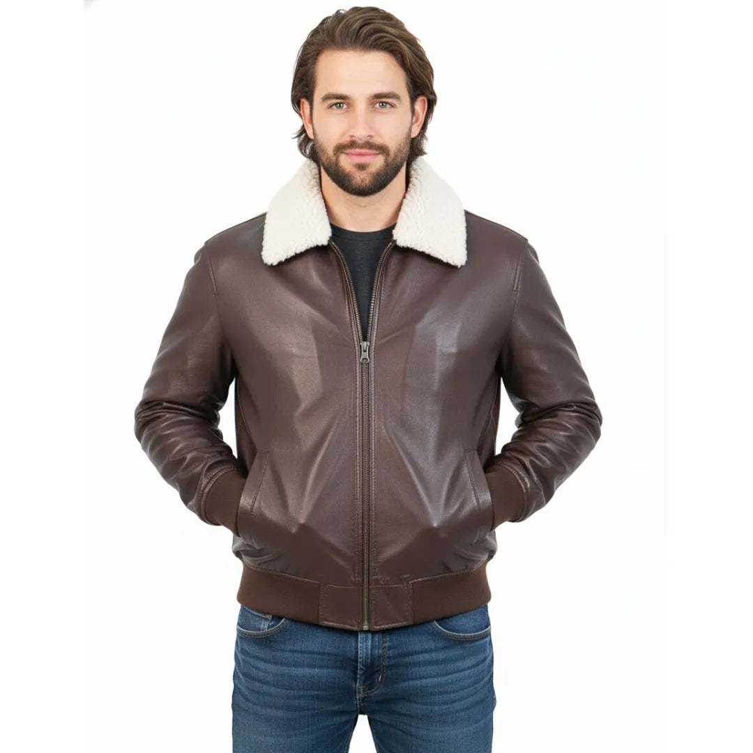 Men's Brown Leather Bomber Jacket - Riding Jacket