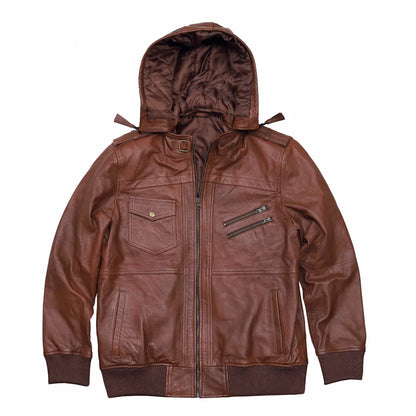 Vintage Retro Lederjacke Herren Lederjacke-Herbst Winter Vintage Motorrad Bikerjacke mit Abnehmbarer Kapuze