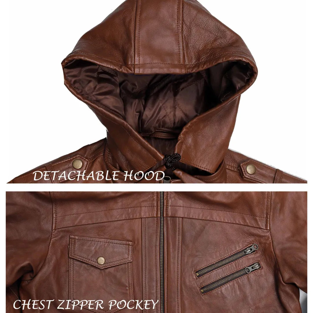 Vintage Retro Lederjacke Herren Lederjacke-Herbst Winter Vintage Motorrad Bikerjacke mit Abnehmbarer Kapuze