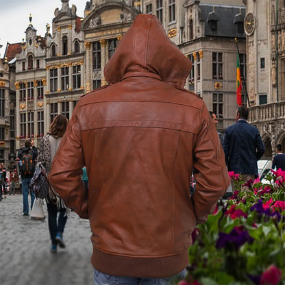 Vintage Retro Lederjacke Herren Lederjacke-Herbst Winter Vintage Motorrad Bikerjacke mit Abnehmbarer Kapuze