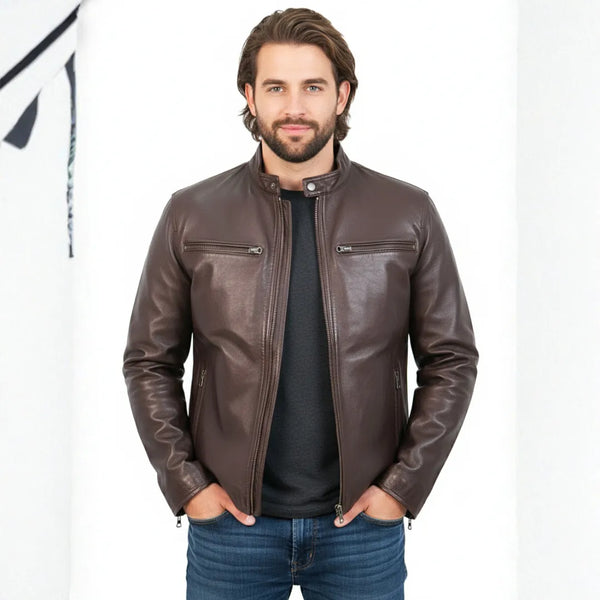 Men's Leather Motorcycle Riding Jacket - Brown Biker Jacket