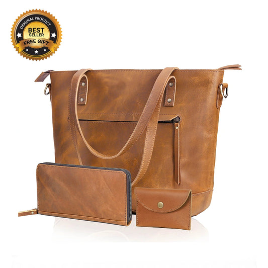 PORTLAND BUFFALO LEATHER TOTE BAG COMBO - TAN