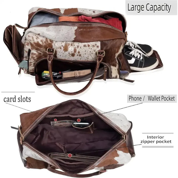 Premium Cowhide Leather Duffle Bag - Unisex Travel Weekender Bag