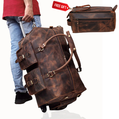 Wheely Leather Duffel Bag With Wheels + Free Leather Toiletry Bag