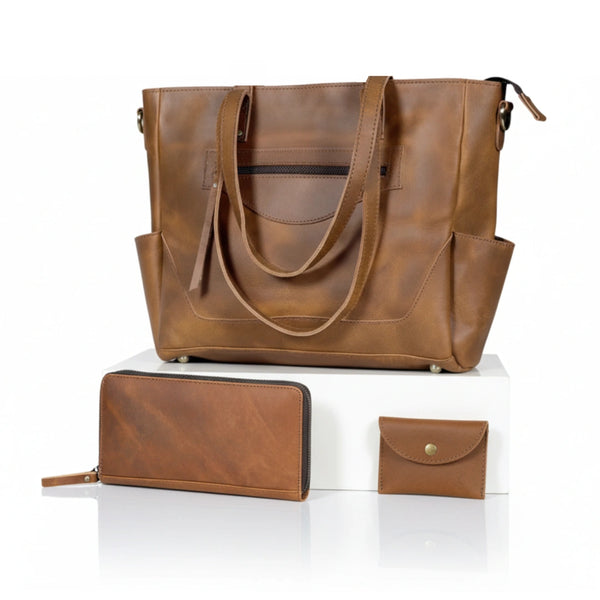 Portland Buffalo Leather Tote Handbag with Zipper Combo - Tan