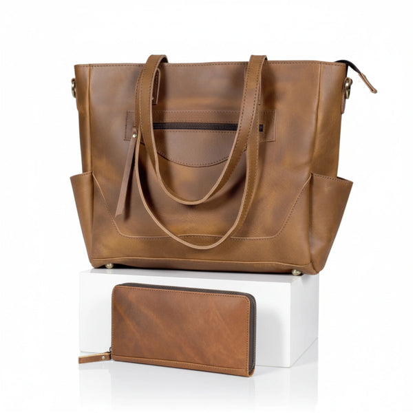 Portland Buffalo Leather Tote Handbag with Zipper Combo - Tan