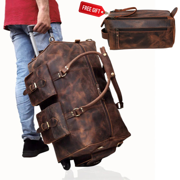 Ensemble sac polochon à roulettes et sac en cuir Camper