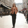 Women's Leather Moto Biker Jacket Coat - Tan