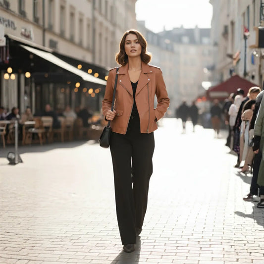 Women's Leather Moto Biker Jacket Coat - Tan