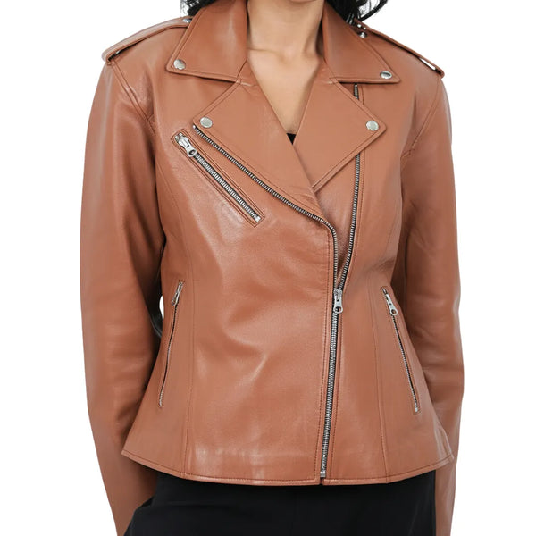 Women's Leather Moto Biker Jacket Coat - Tan