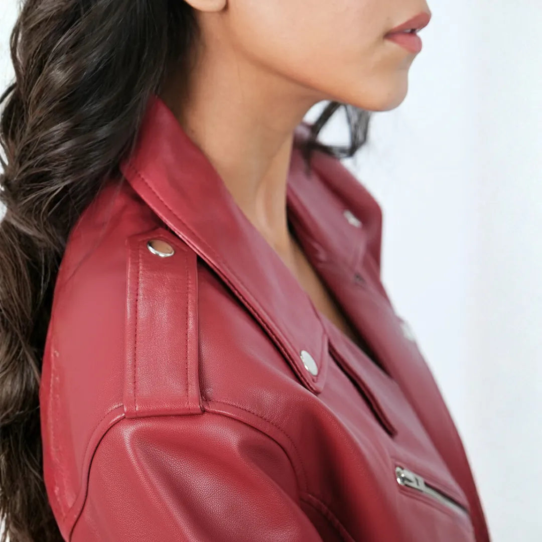 Women's Leather Motorcycle Riding Jacket - Cherry Red