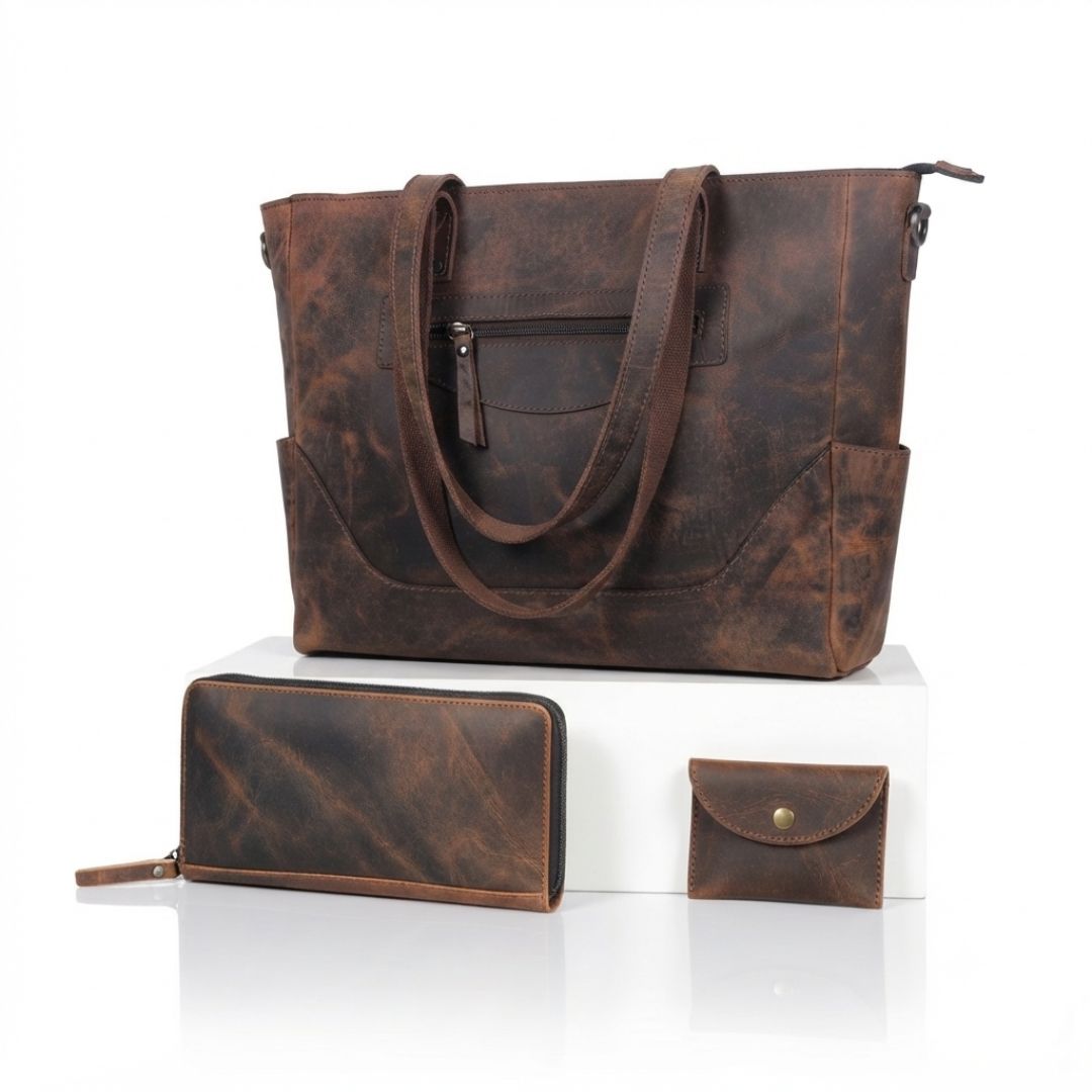 Portland Buffalo Leather Almost Perfect Tote Bag Combo - Vintage Brown