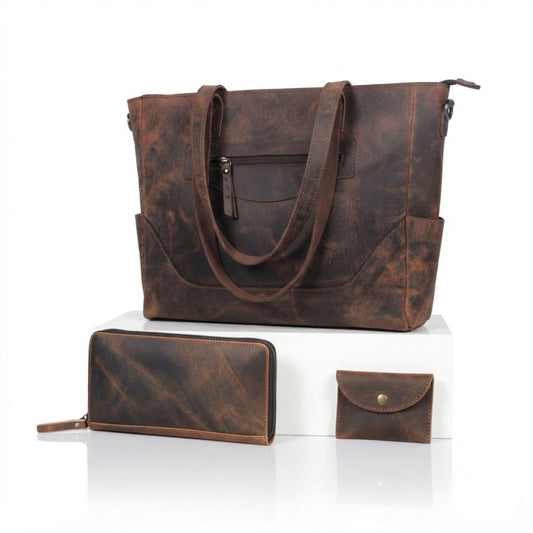 Portland Buffalo Leather Almost Perfect Tote Bag Combo - Vintage Brown