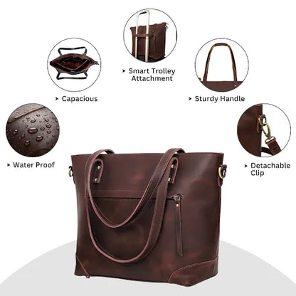 PORTLAND BUFFALO LEATHER TOTE BAG - BROWN
