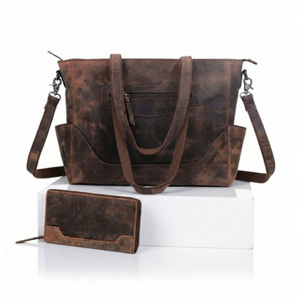 Portland Buffalo Leather Almost Perfect Tote Bag Combo - Vintage Brown